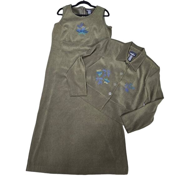 Vintage 90s Positive Attitude Womens 14 Petite Green Fall Maxi Dress Jacket Set - Picture 1 of 14